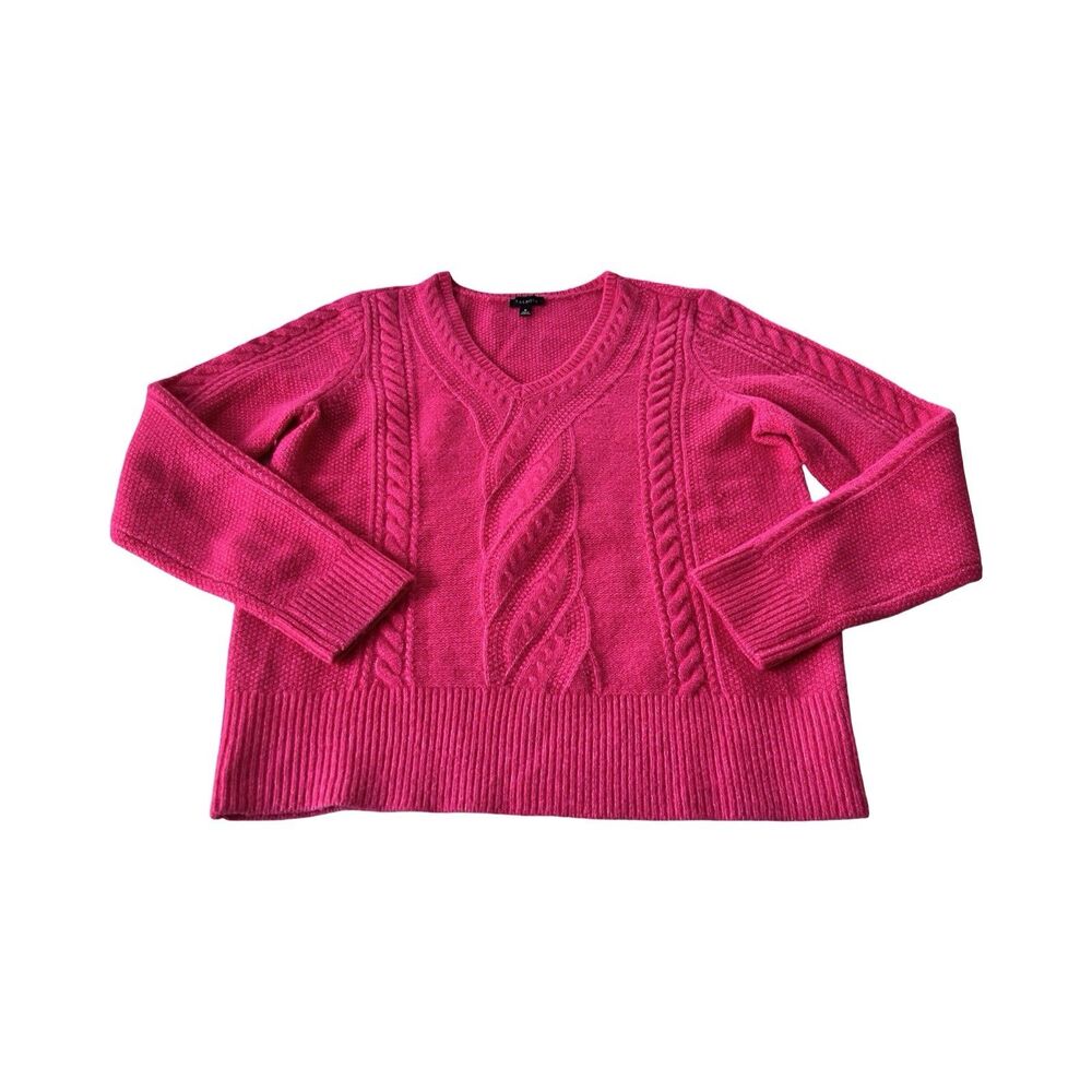 Talbots Pink Cable Knit V-Neck Wool Blend Sweater Womens Medium Fuchsia Pullover